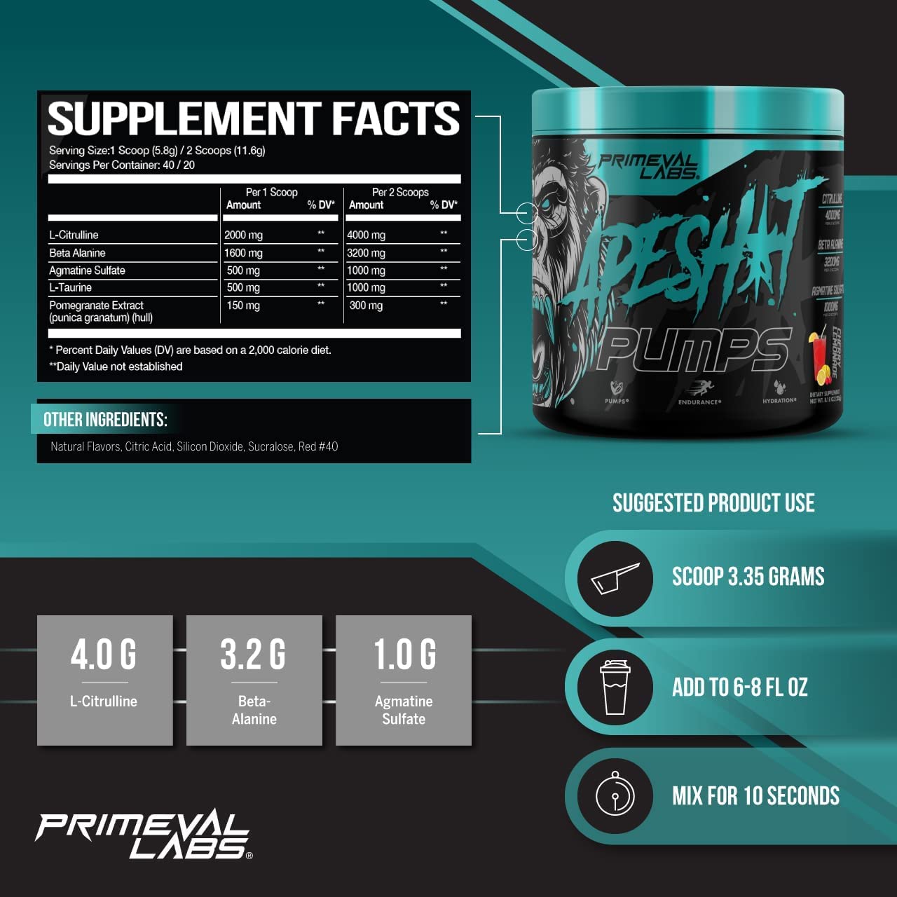 Primeval Labs Ape Pumps Natural Pre Workout Powder | Caffeine Free Preworkout for Endurance, Muscle Growth, Strength & Hydration Beta Alanine, L Citrulline, Agmatine | Cherry Lemonade 40 Servings