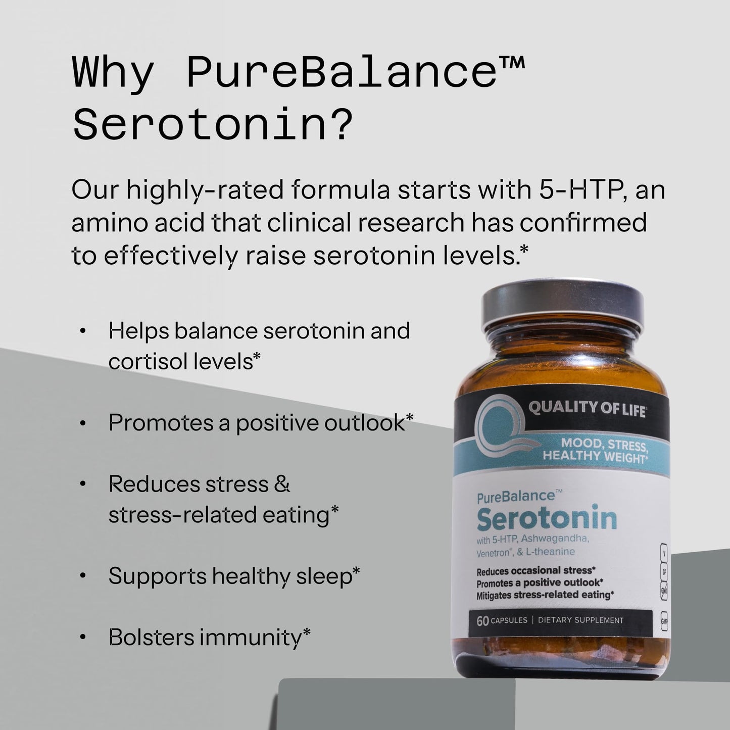 Quality of Life Pure Balance Serotonin Premium–Helps Boost Serotonin & Cortisol Levels - Includes 5-HTP, Venetron, Sensoril, Vitamin D3 & L-Theanine–60 Capsules Quality of LifeBuy Supplements Australia