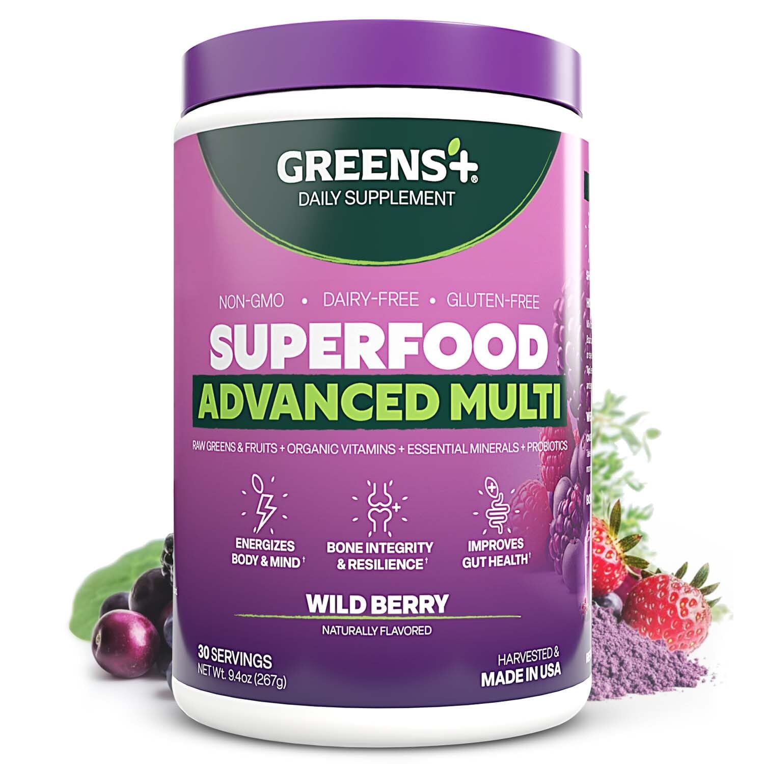 Greens+ Advanced Multi Wild Berry Superfood Powder, Organic Blend, Vegan, Non-GMO, Soy-Free, Dairy-Free, Gluten-Free, Dietary Supplement with Vitamins & Minerals, 9.4 oz Greens+Buy Supplements Australia
