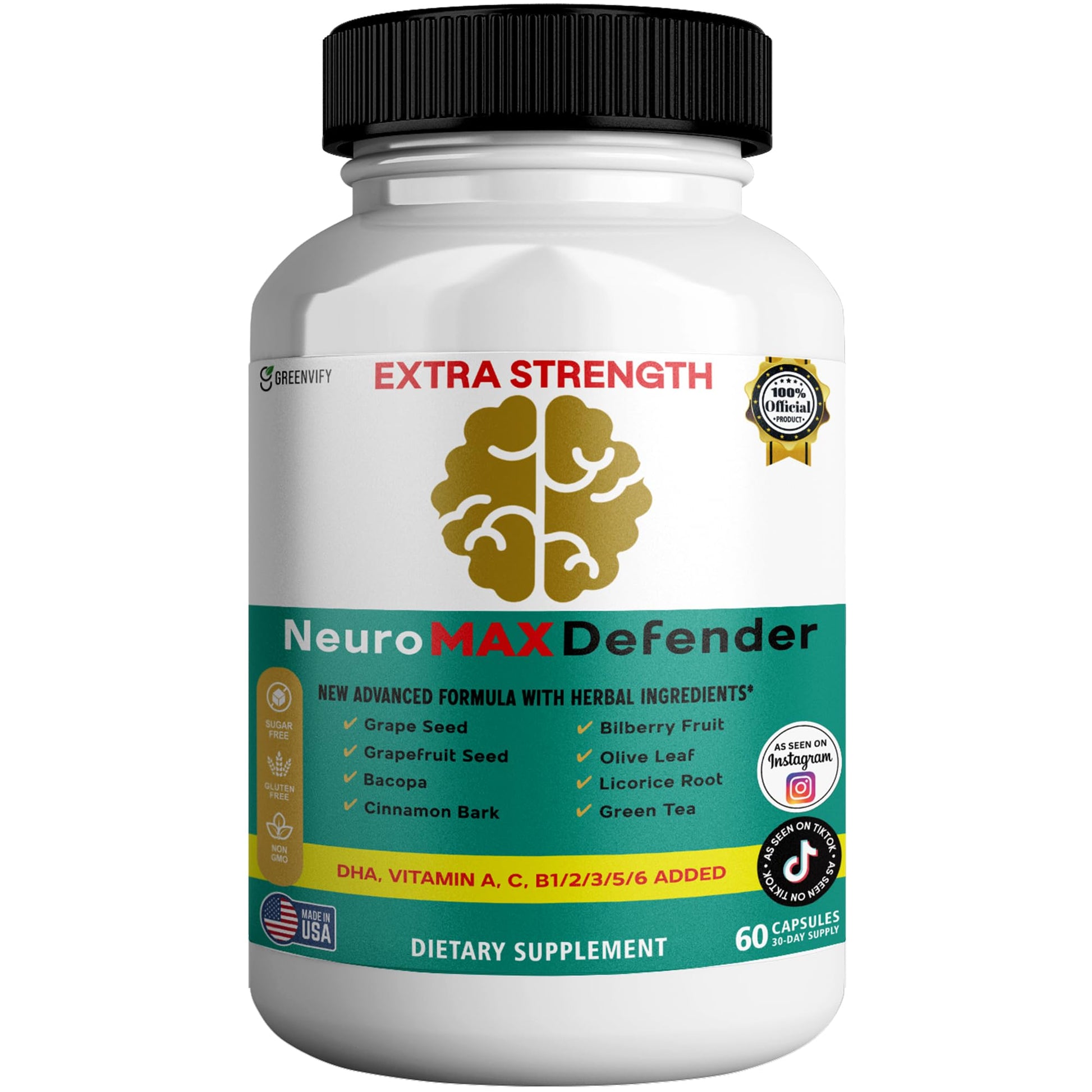 GREENVIFY NeuroMAX Defender Extra Strength Brain Support Supplement with Herbal Blend, 60 Capsules, DHA, B12, Vitamins A C D E, Selenium, 30-Day Supply (1) GREENVIFYBuy Supplements Australia