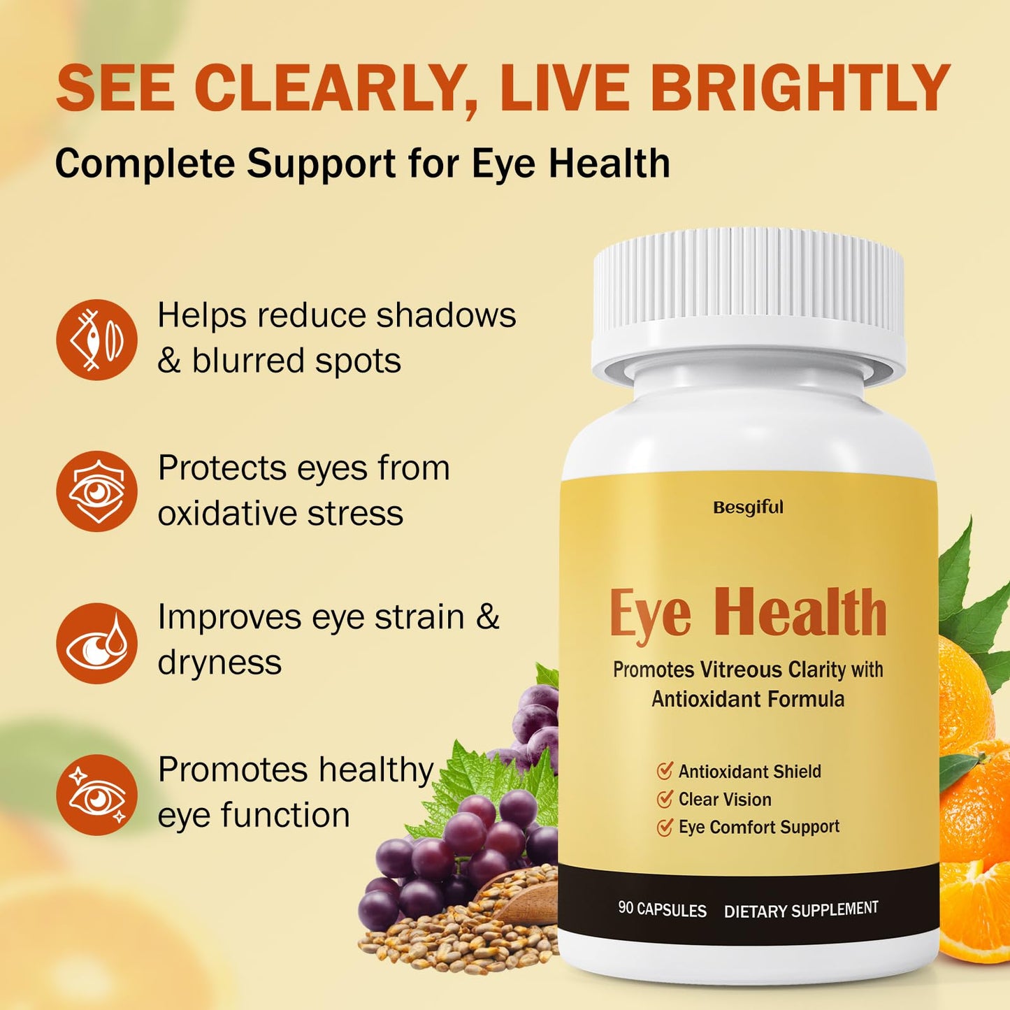 Besgiful Eye Supplement for Vitreous Health, Promotes Clear Vision, Improves Eye Strain & Dryness, Reduces Squiggly Lines, Eye Degeneration, Clear Eye Support, 90 Vegan Capsules BesgifulBuy Supplements Australia