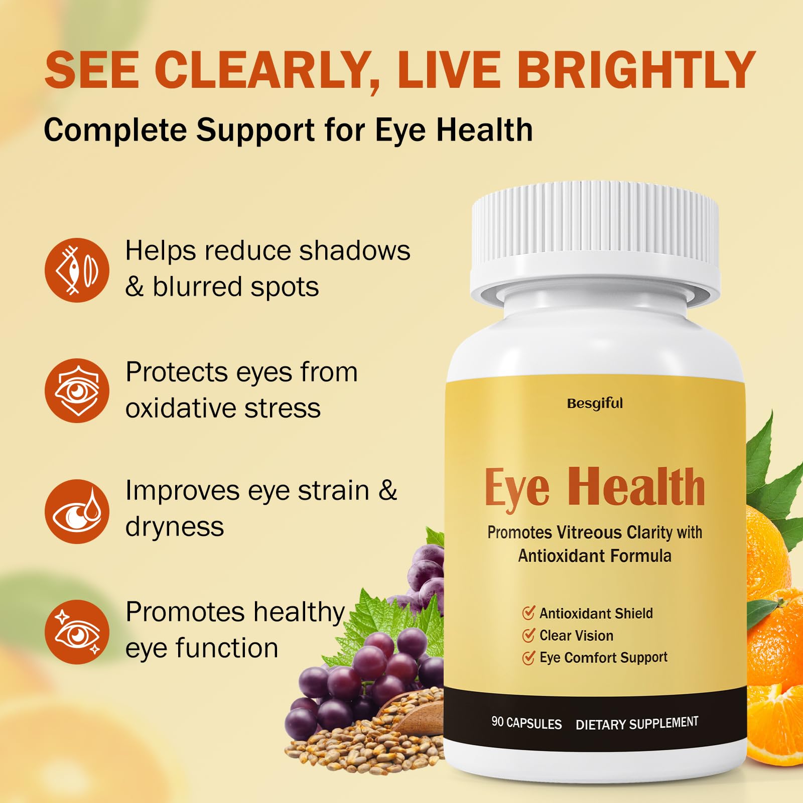 Besgiful Eye Supplement for Vitreous Health, Promotes Clear Vision, Improves Eye Strain & Dryness, Reduces Squiggly Lines, Eye Degeneration, Clear Eye Support, 90 Vegan Capsules BesgifulBuy Supplements Australia