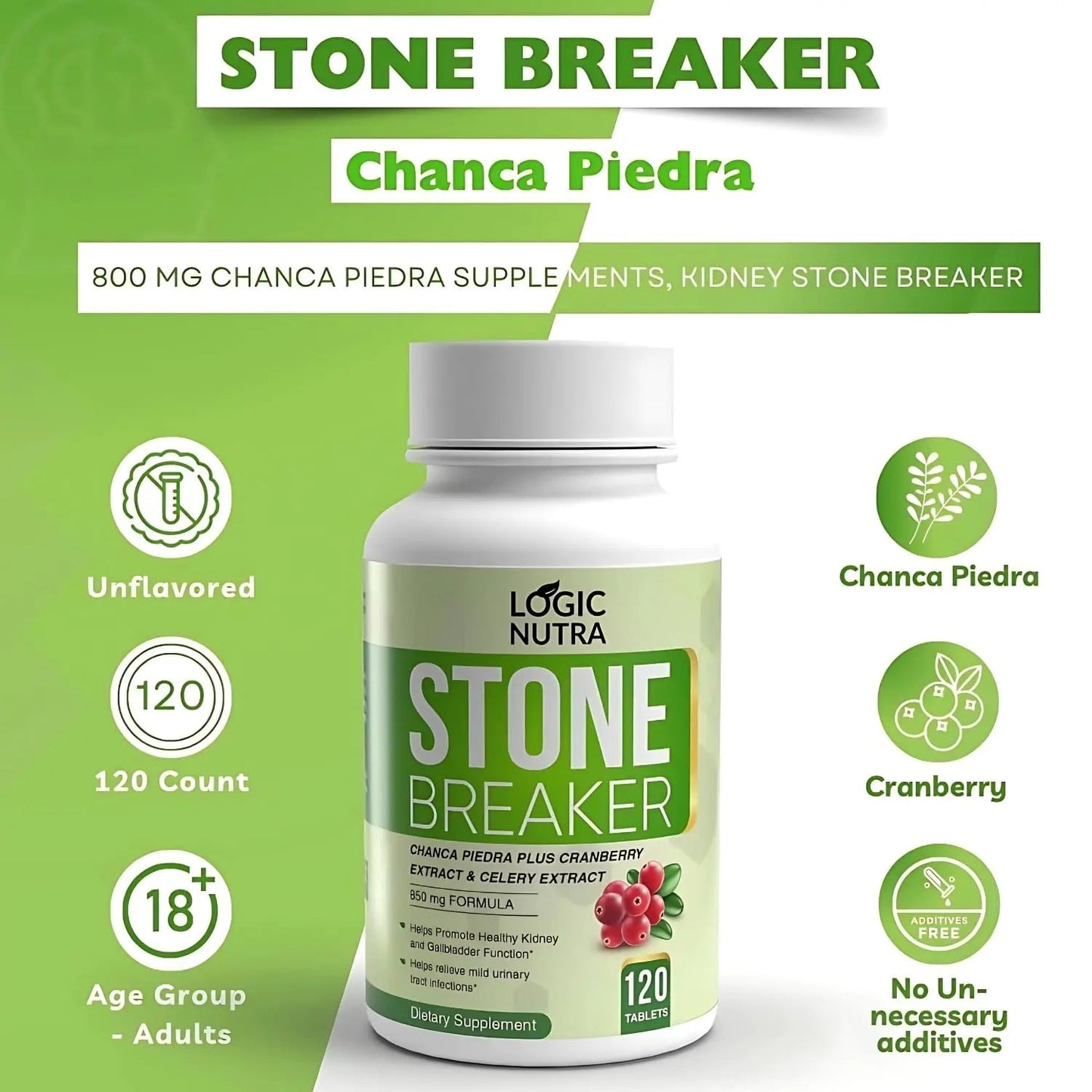 Logic Nutra Chanca Piedra Kidney Stone Breaker 120 Tablets 800 mg - Maximum Strength for Gallbladder & Urinary Cleanse with Phyllantus Niruri, Celery Seed Extract & Cranberry Extract Logic NutraBuy Supplements Australia
