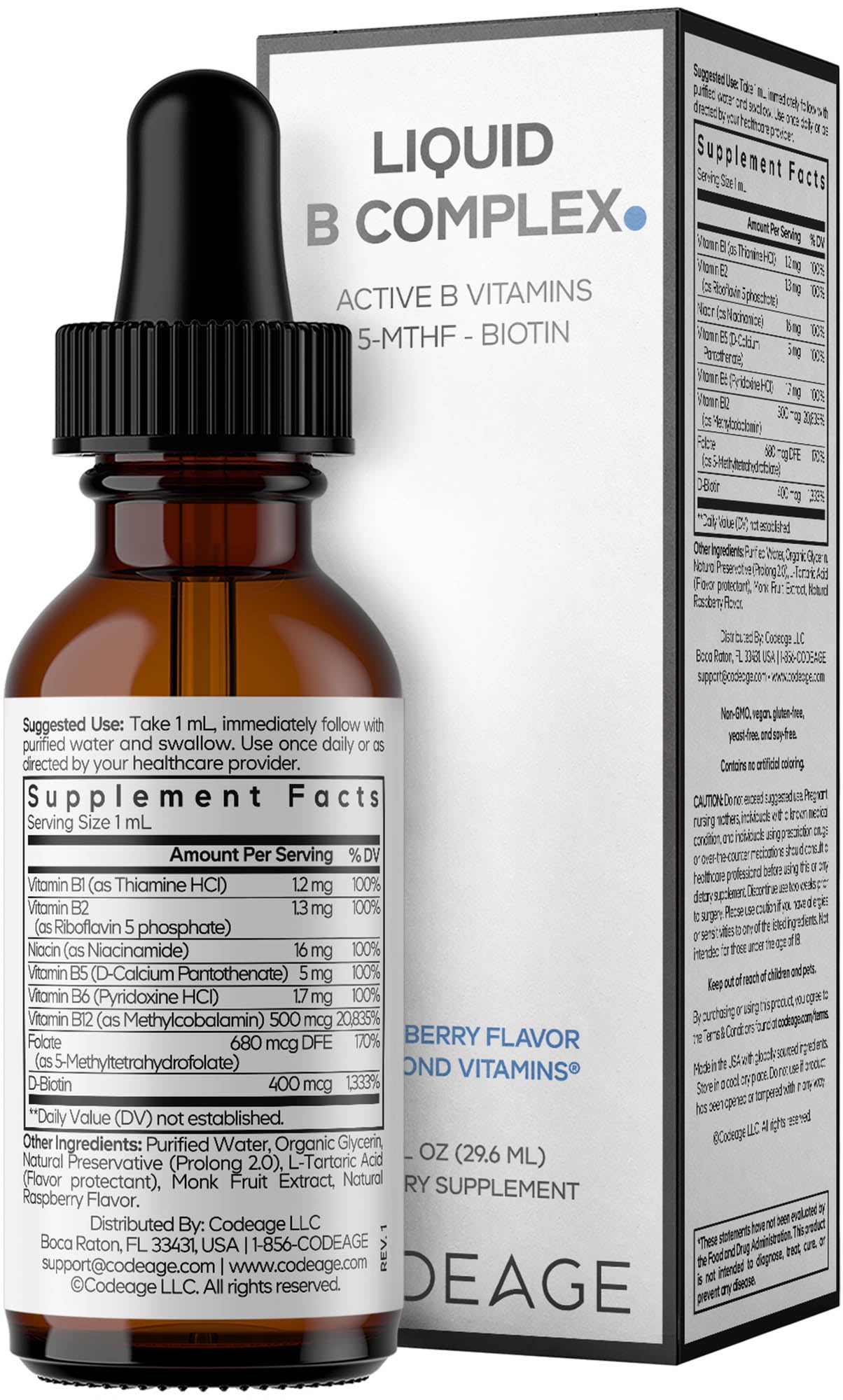 Codeage Liquid B-Complex Supplement with 8 Forms of Vitamin B - Vitamin Thiamine B1, Riboflavin B2, B3, B5, B6, Biotin B7, Active Methylated B9 Folate & B12 - Raspberry Flavor - Non-GMO - 1 fl oz CodeageBuy Supplements Australia