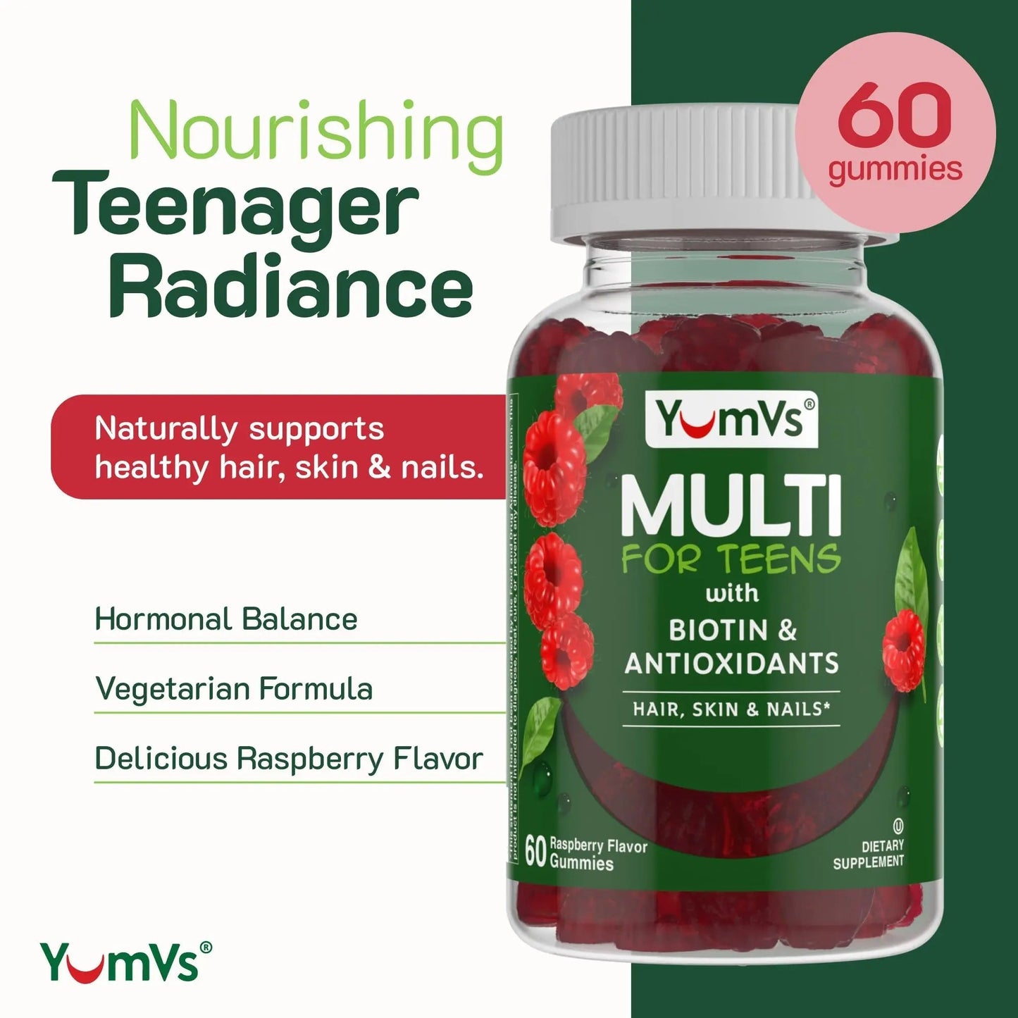 YumVs Teen Multivitamin Gummies with Biotin and Antioxidants - Raspberry Flavor - Hair Skin Nails Support - Kosher Teenager Vitamins YUM-V'SBuy Supplements Australia