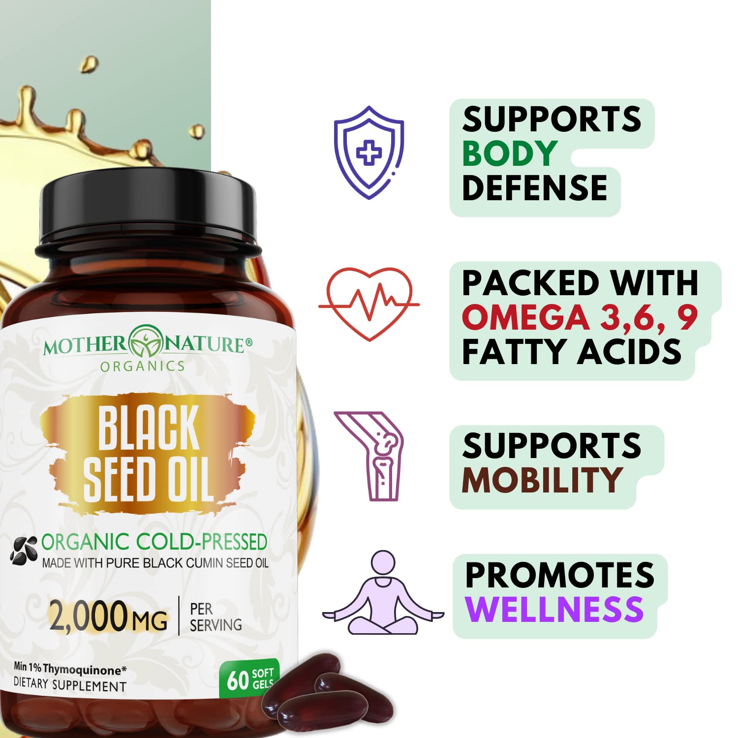 Organic Black Seed Oil 2000mg - 60 Softgel Capsules (Non-GMO) Premium Cold-Pressed Mother Nature Organics Superfoods for Organic LivingBuy Supplements Australia