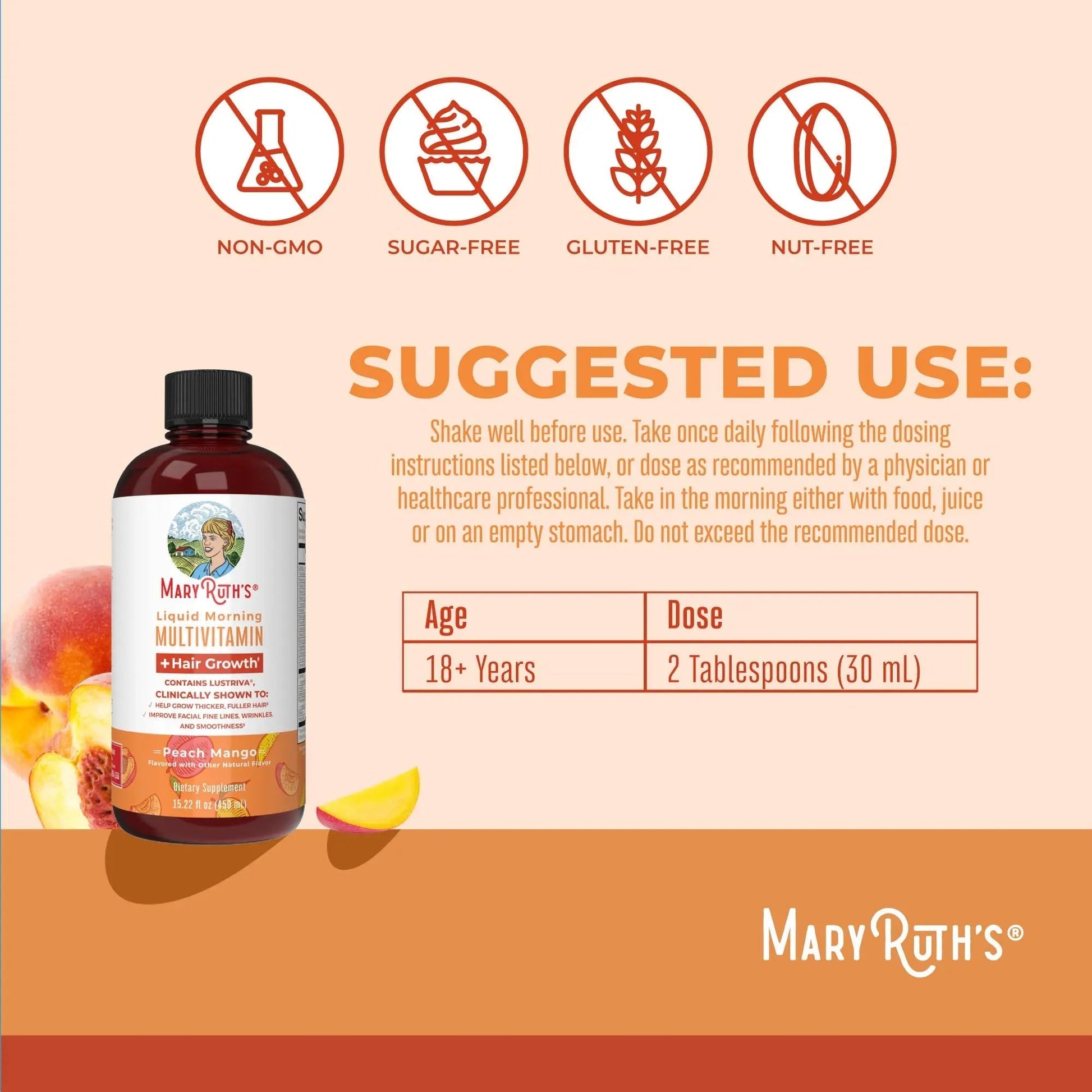 MaryRuth's MaryRuth's Liquid Morning Multivitamin +Hair Growth (Peach Mango, 15.22oz) & Iron Liquid (Berry) | Clean Label Project Verified® | MARYRUTH'SBuy Supplements Australia