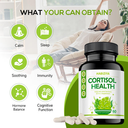 HABIZIYA Cortisol Support Supplement with Magnesium Glycinate, L-Theanine, Ashwagandha, Phosphatidylserine,Rhodiola Rosea 15-in-1 Hormone Balance for Women Men Mood, Focus, Sleep Support 60 Capsules HABIZIYABuy Supplements Australia