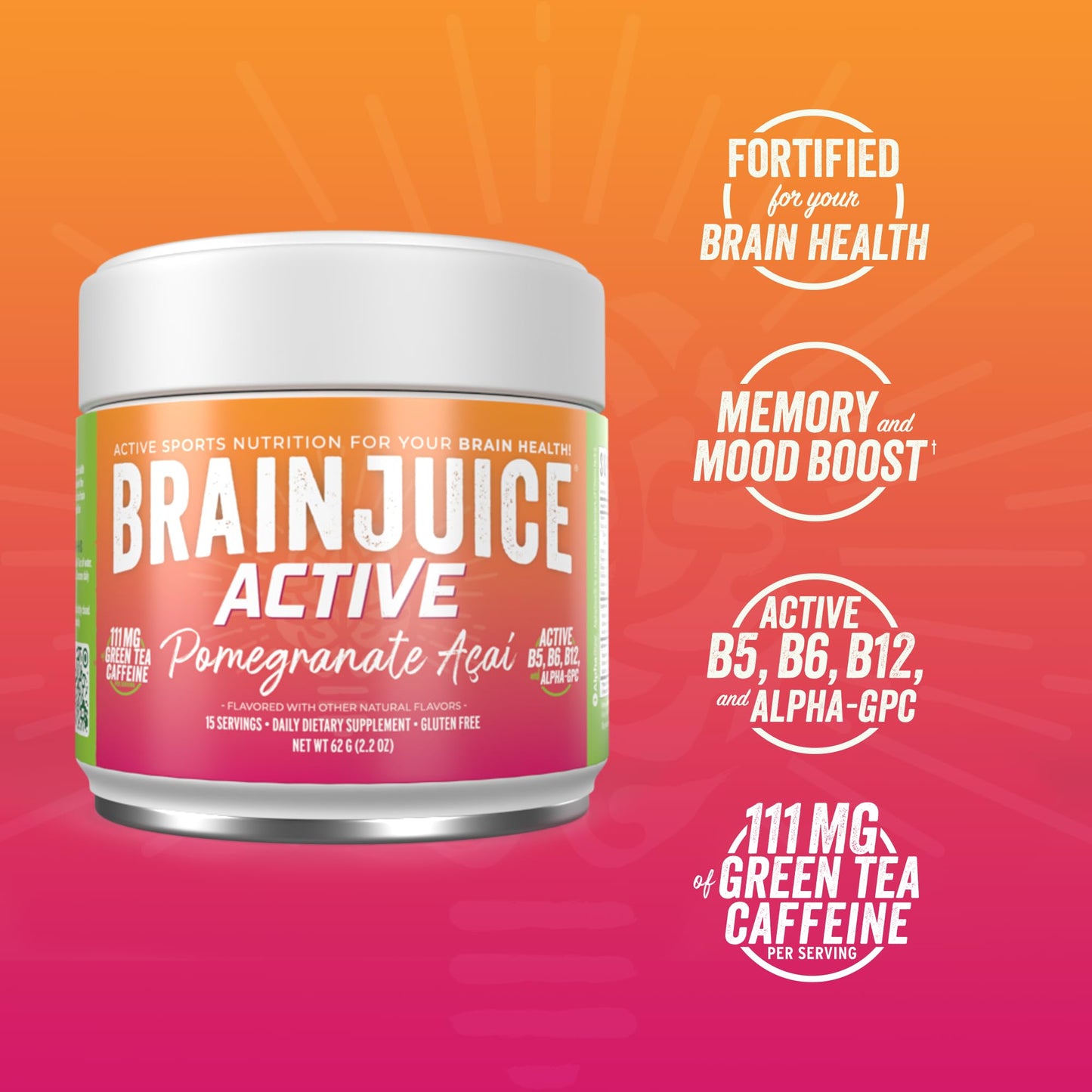 BrainJuice Nootropics Brain Support Supplement, Gluten Free Powder for Energy and Focus, Pre Workout w/Alpha GPC, Vitamin B & Organic Green Tea Extract Caffeine, Active Pomegranate Acai, 15 Servings BrainJuiceBuy Supplements Australia