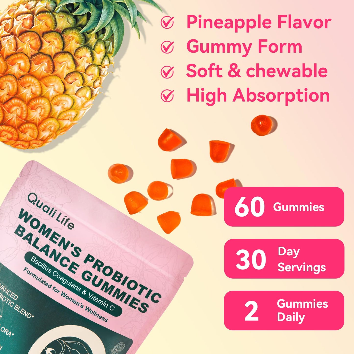 QualiLife Premium Feminine Balance Gummies for Women – Probiotic Vaginal Health Support with Vitamin C – pH Balance & Flora Support – Sugar Free, Vegan, Hawaiian Pineapple Flavor – 60 Gummies (1) QualiLifeBuy Supplements Australia