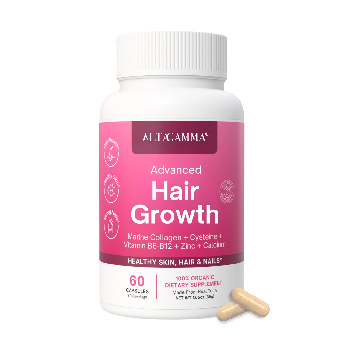 ALTAGAMMA Hair Growth Supplements - Nourishes Thinning, Strengthen Nails & Skin & Combat Hair Loss - Hair Growth Vitamins for Women & Men with Marine Collagen Peptides, 60 Capsules | 30 Day Supply ALTAGAMMABuy Supplements Australia