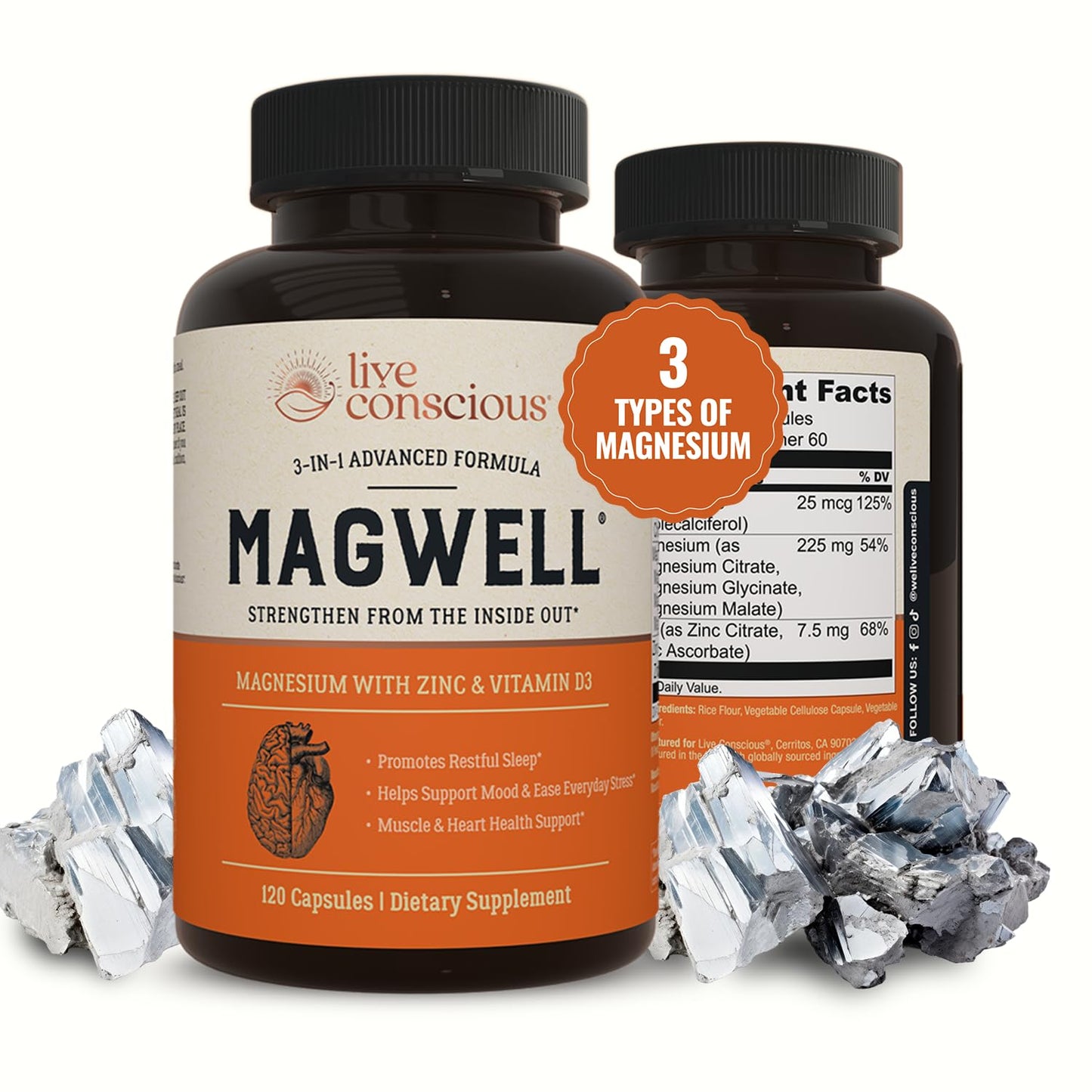 Live Conscious Magwell Magnesium Zinc & Vitamin D3 - Magnesium Glycinate, Malate, & Citrate - Triple Supplement for Women & Men