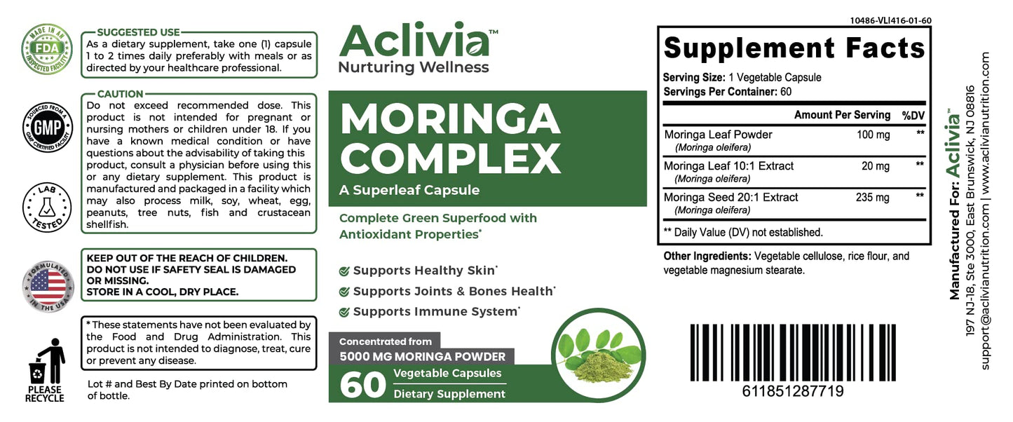 Aclivia - Moringa Complex - Maximum Strength Moringa Oleifera Leaf & Seed Supplement - Superfood Capsules with Antioxidant Properties - 5000mg - 60 Capsules AcliviaBuy Supplements Australia