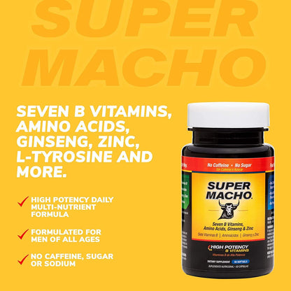Super Macho Dietary Supplement with High Potency Zinc & 7 B Vitamins, No Preservatives, Sugar or Caffeine, Made in USA, 50 Softgels (3 Pack) Super MachoBuy Supplements Australia