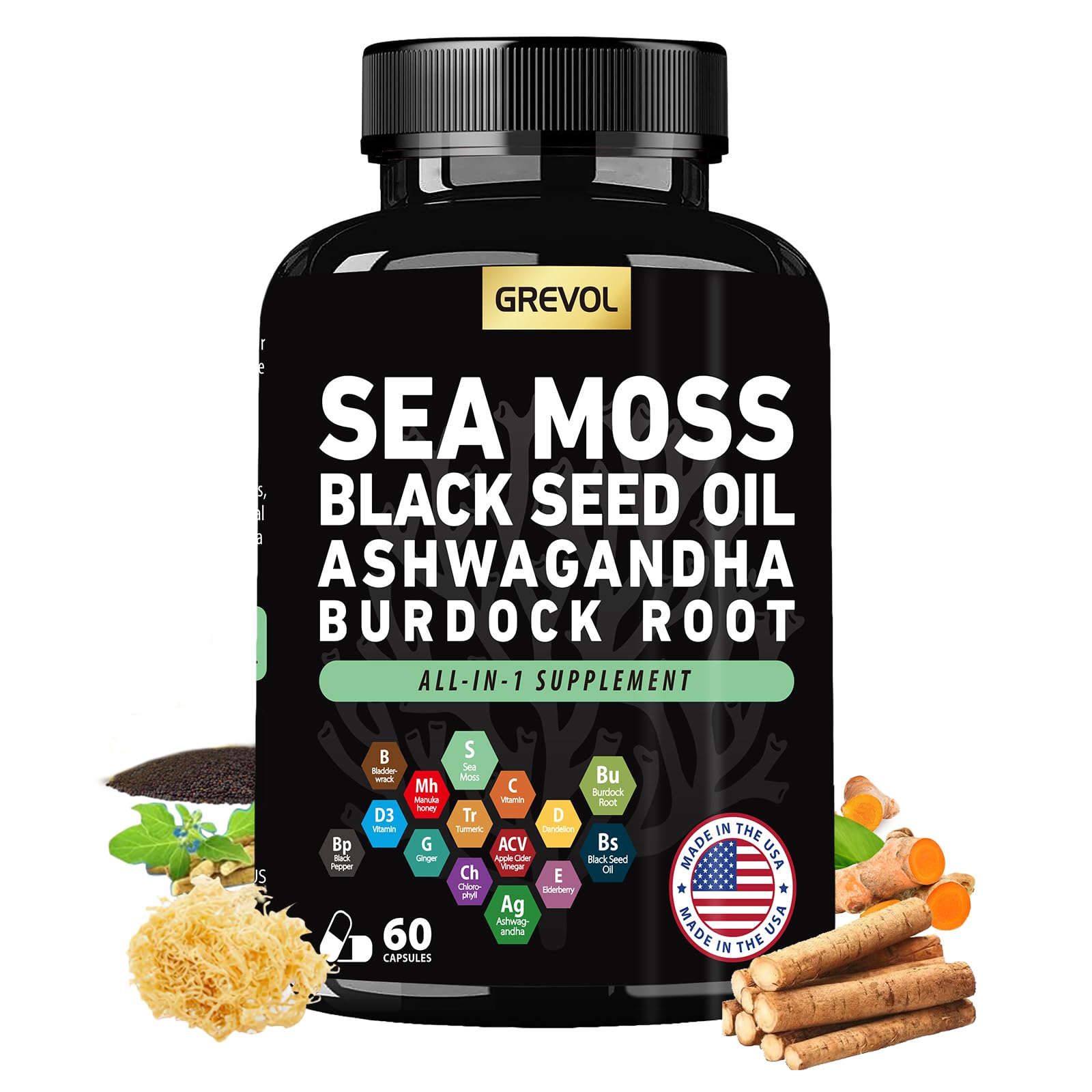 Sea Moss Black Seed Oil Ashwagandha Bladderwrack Burdock Root Turmeric & Vitamin C D3 Elderberry ACV Black Pepper - Multimineral Supplement - 60 Count GrevolBuy Supplements Australia
