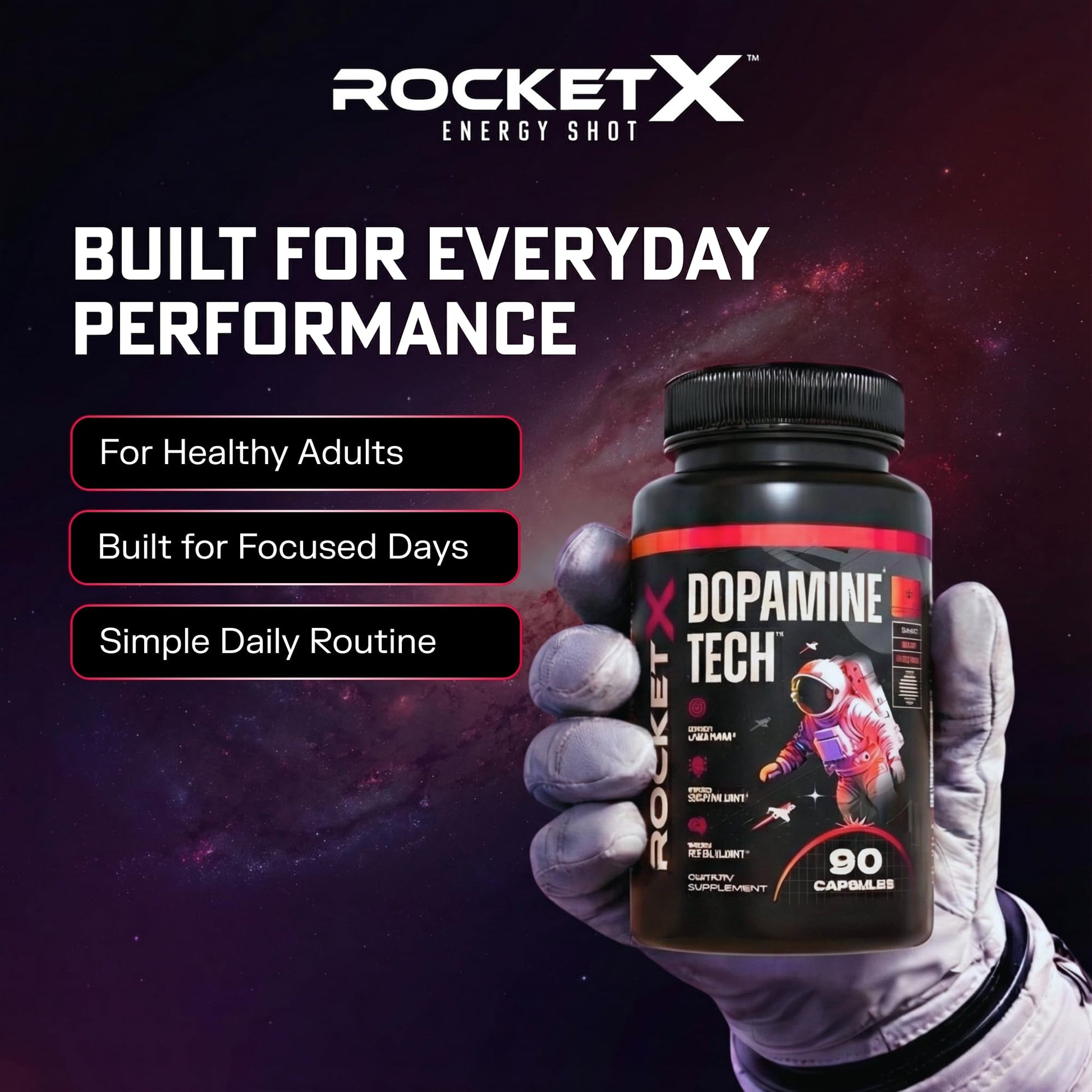 RocketX Dopamine Tech Brain Food Supplement, with L-Tyrosine and B Vitamins for Focus, Mental Clarity and Cognitive Drive, Vegan Capsules, 90 Capsules RocketX EnergyBuy Supplements Australia
