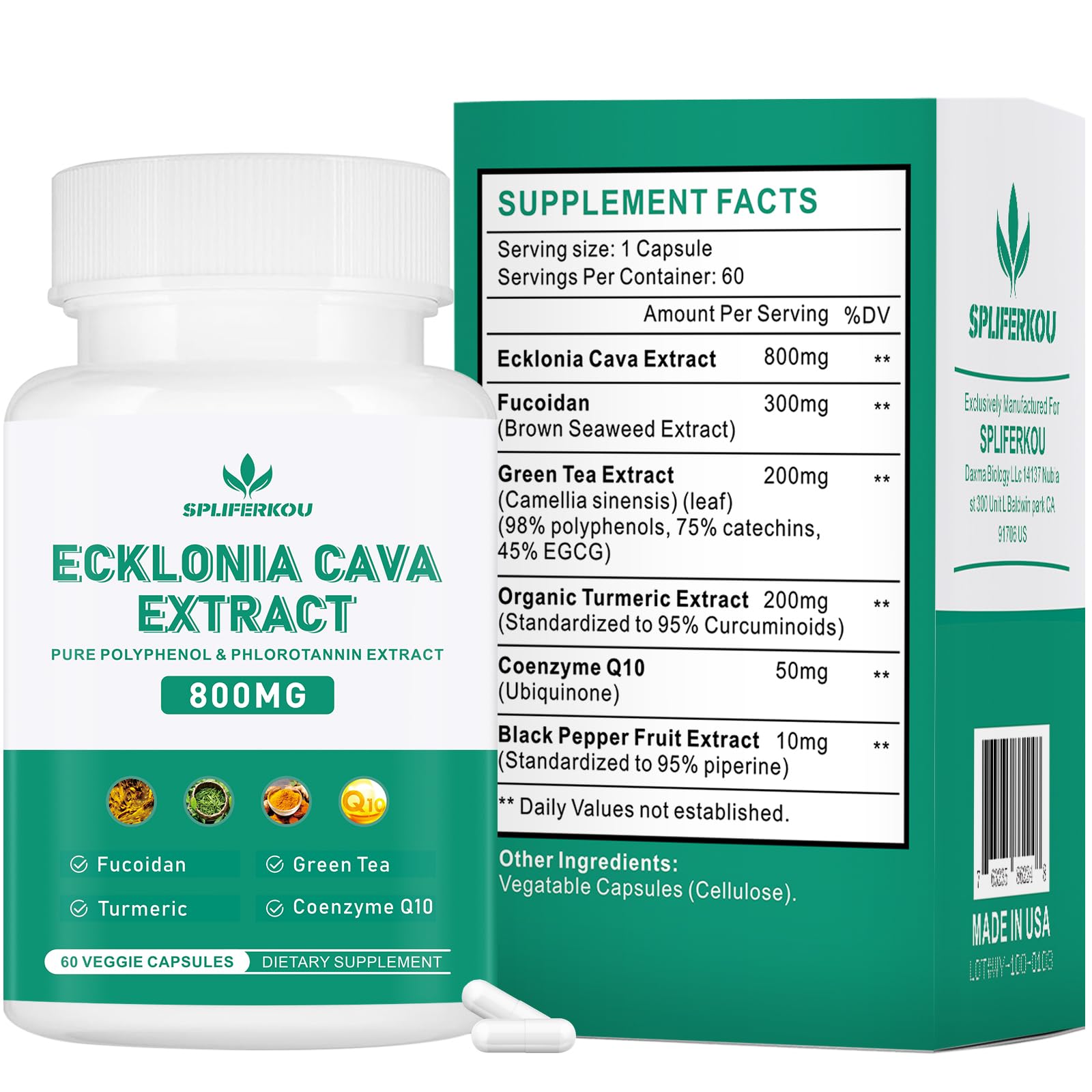 Spliferikou Ecklonia Cava Extract, 800mg, 60 Veggie Capsules with Fucoidan, Green Tea, Turmeric, CoQ10, Dietary Supplement SpliferkouBuy Supplements Australia