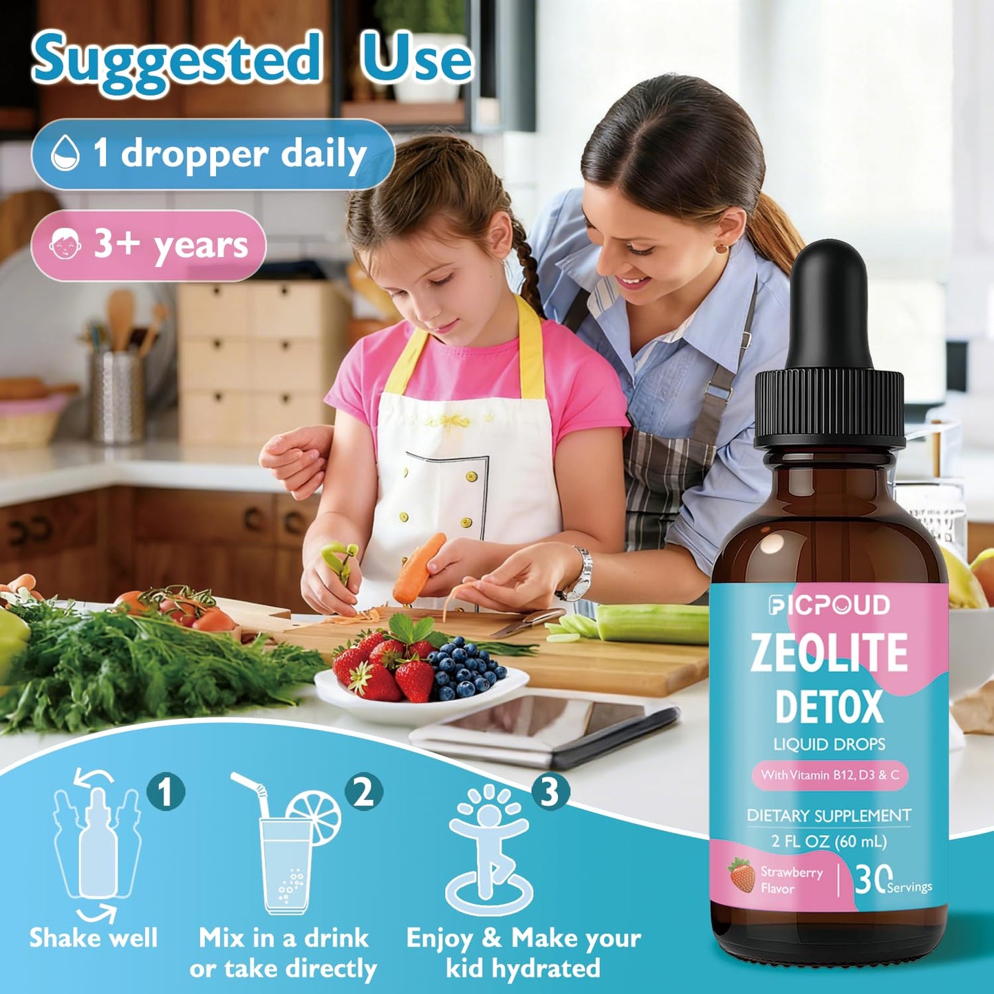 Ficpoud Zeolite Detox for Kids & Adults – Pure Zeolite clinoptilolite Liquid Drops with Vitamin B12, C & D3 – Gentle Daily Cleanse for Gut, Immune, Energy & Speech Support, Strawberry Flavor, 2 Fl Oz FicpoudBuy Supplements Australia