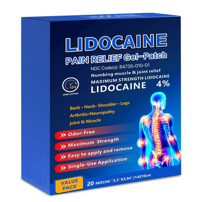 KIbabyDI Professional Lidocaine Pain Relief Patches - 20 Count | 4% Medicated Gel Patches for Targeted Joint & Muscle Comfort | Long-Lasting 12-Hour Relief, Ultra-Flexible Design -lb234 KIbabyDIBuy Supplements Australia