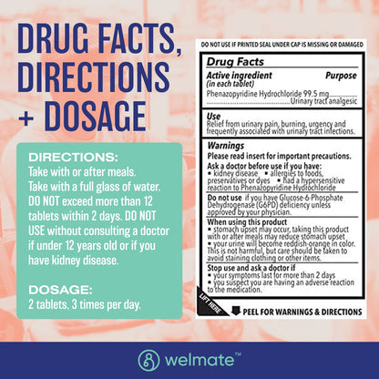 WELMATE Urinary Pain UTI Relief Maximum Strength (Phenazopyridine HCL) - Improve Urinary Tract Health & Bladder Control, Urgency, & Discomfort | Over-The-Counter Medication for Men & Women (72 Pills) WELMATEBuy Supplements Australia