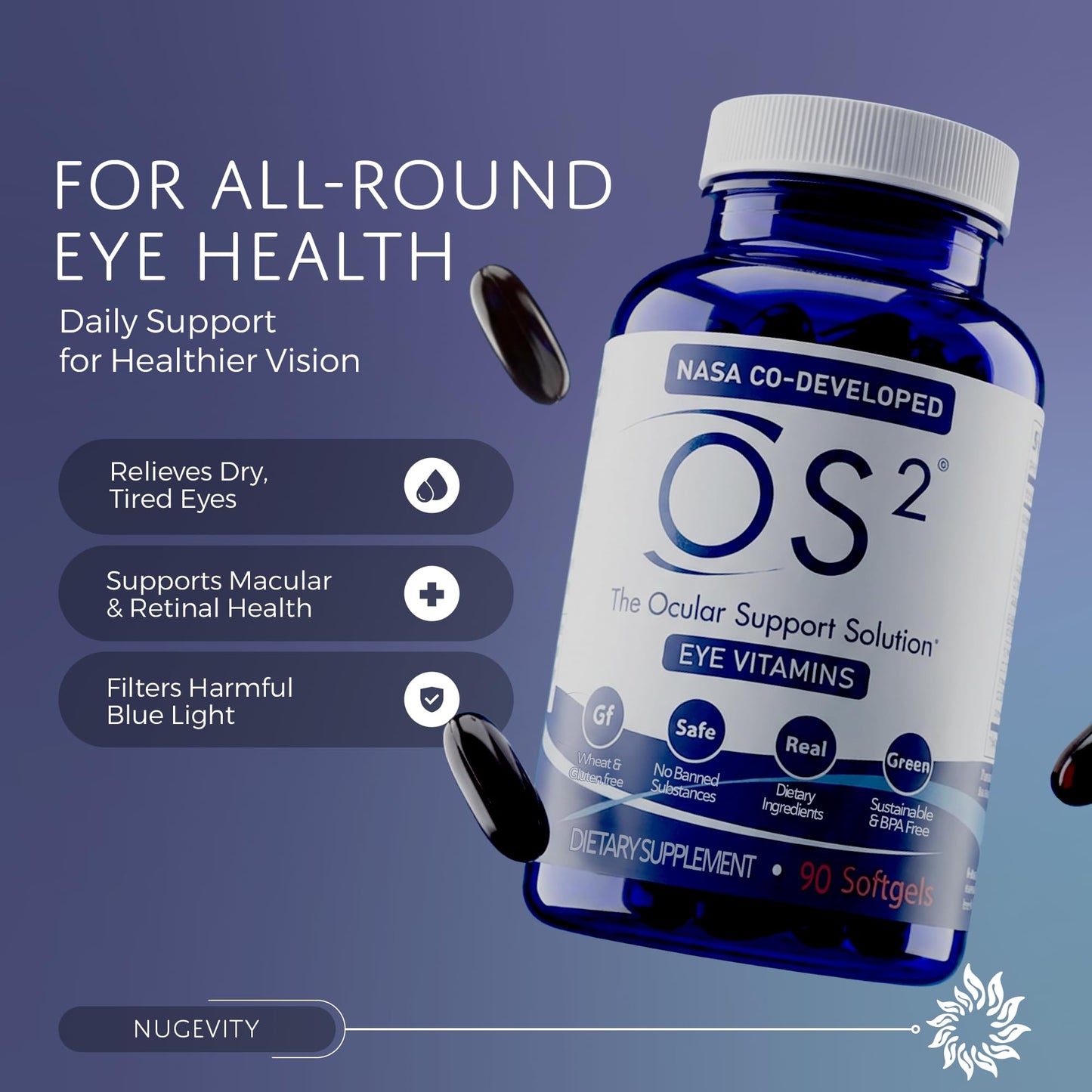 Nugevity OS2 Ocular Support Solution - Patented Eye Vitamins for Macular Health, Dry Eye and Blue Light - Lutein, Zeaxanthin, Omega 3, Astaxanthin and AREDS2 Supplements, Co-Developed by NASA, 90 ct NugevityBuy Supplements Australia
