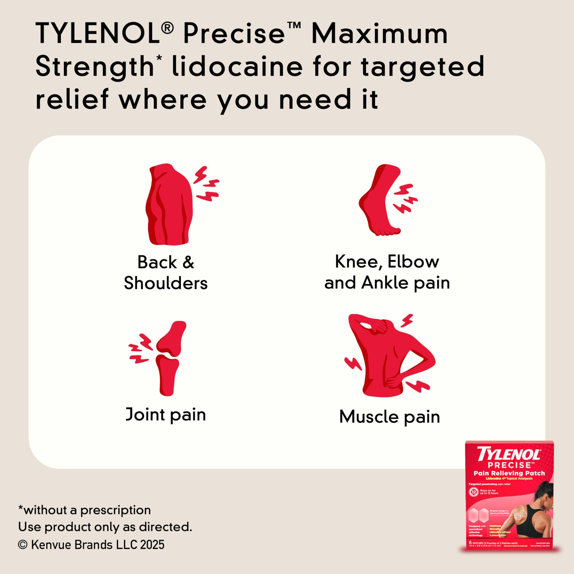 Tylenol Precise Pain Relieving Patches, Topical Analgesic Patches + Maximum OTC Strength Lidocaine Penetrates, Targeted Relief Ideal for Shoulder, Back & Knee Pain, Unscented, 3 x 2 ct TylenolBuy Supplements Australia