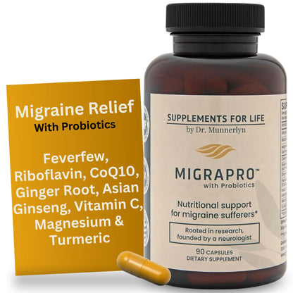 Dr. Munnerlyn MigraPro with Probiotics, Brain and Gut Health Support Supplement with Magnesium, Riboflavin, CoQ10, Ginger Root, Asian Ginseng, Vitamin C, Feverfew & Turmeric, Gluten Free, 90 Capsules Dr. MunnerlynBuy Supplements Australia