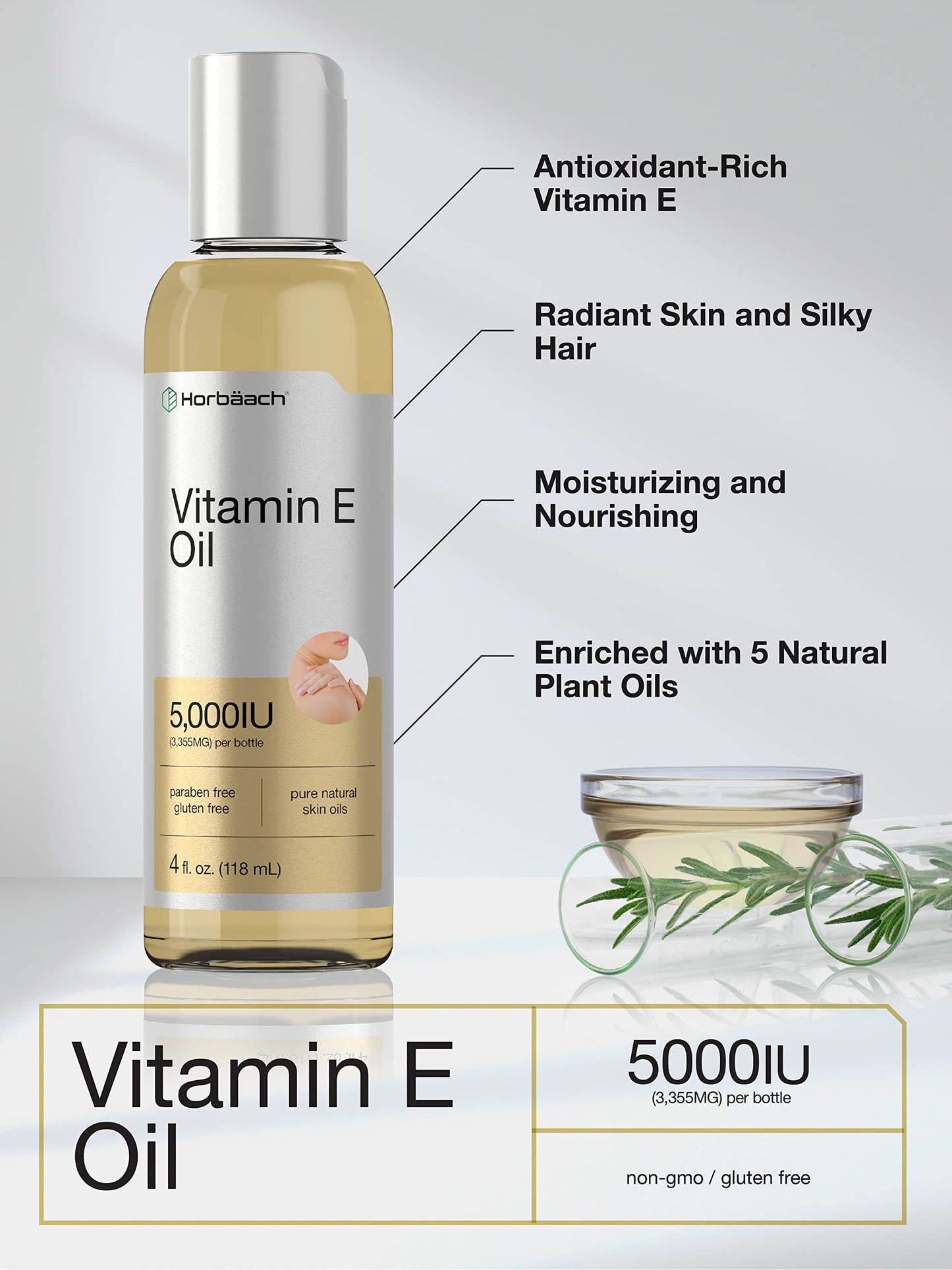 Vitamin E Oil | 5000 IU | 8 oz (2 x 4oz) Value Pack | for Skin, Hair, Face & Body | Vegetarian HorbäachBuy Supplements Australia