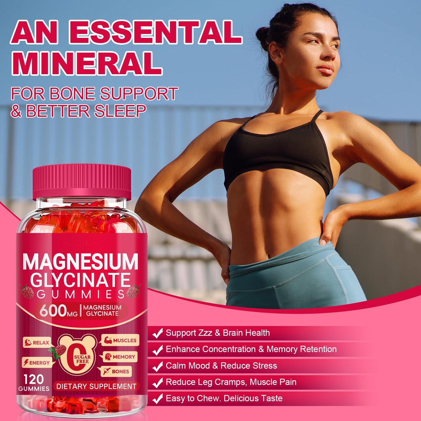 Magnesium Glycinate Gummies 600mg, Sugar Free Magnesium Gummies for Adults, Chewable Potassium Supplements for Body Support
