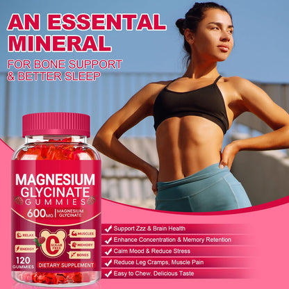 Magnesium Glycinate Gummies 600mg, Sugar Free Magnesium Gummies for Adults, Chewable Potassium Supplements for Body Support