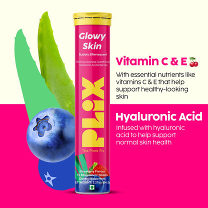 PLIX Glowy Skin 500mg Glutathione Supplement with Hyaluronic Acid, Vitamin C, E & Berries | 30 Effervescent Tablets, Strawberry Flavor PLIX - THE PLANT FIXBuy Supplements Australia
