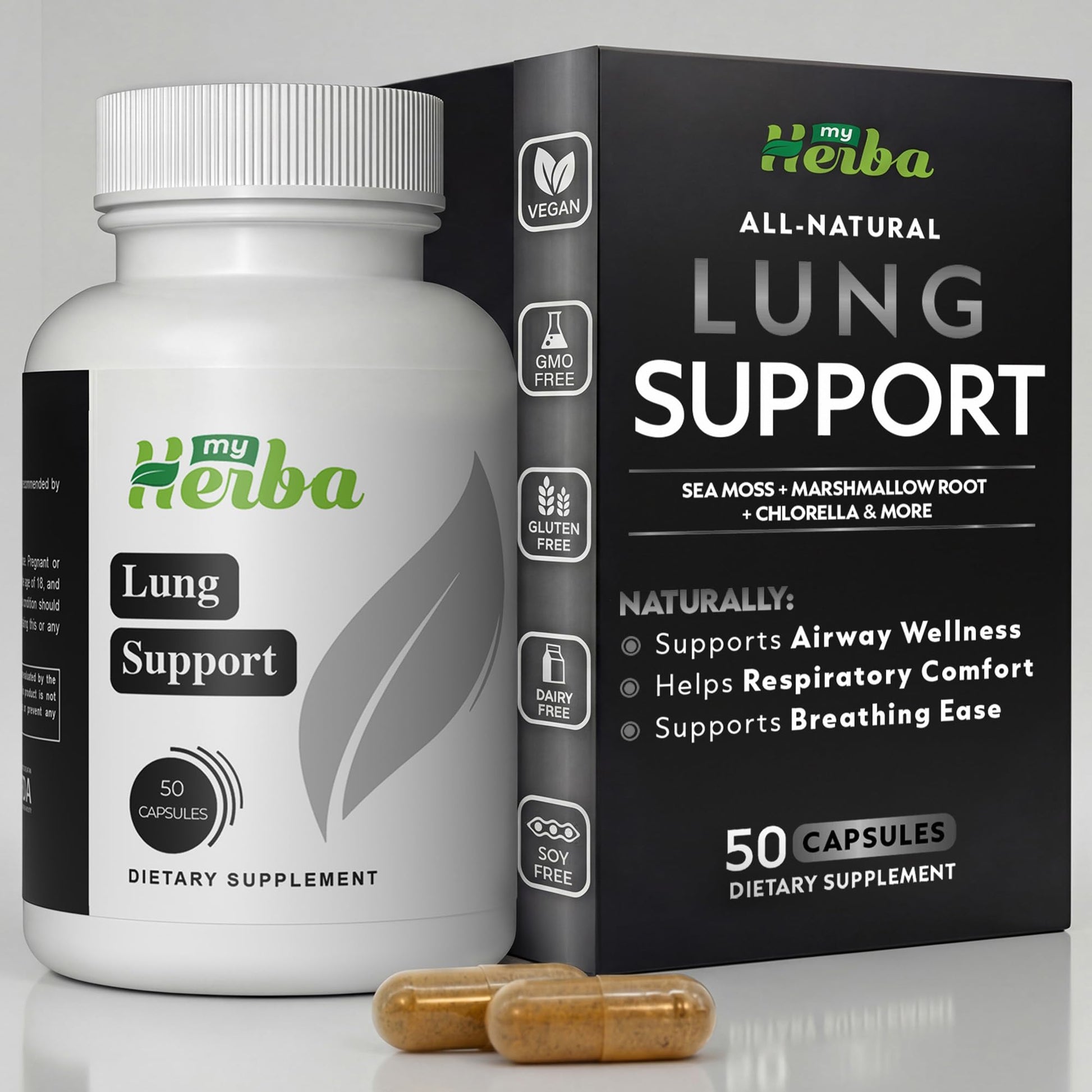 MyHerba Lung Support Supplement - Vegan Formula with Marshmallow Root, Chlorella, Ginkgo Biloba Leaf, Irish Sea Moss & PAU D’Arco - Deep Lung Cleanse, Detox and Immune Support for Adults, 50 Capsules MyHerbaBuy Supplements Australia