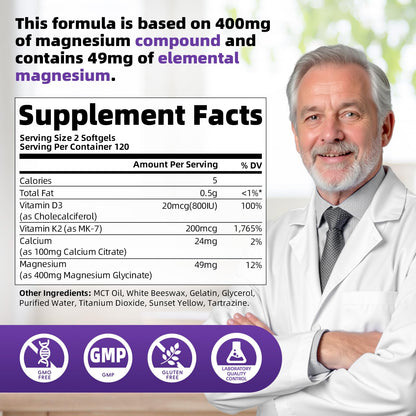Magnesium Glycinate 400mg Softgels, Small Easy to Swallow High Absorption Magnesium Supplement, with Vitamin D3 & K2 for Sleep Relax Calm Muscle Bone* Health, 120 Gelcaps AlliwiseBuy Supplements Australia