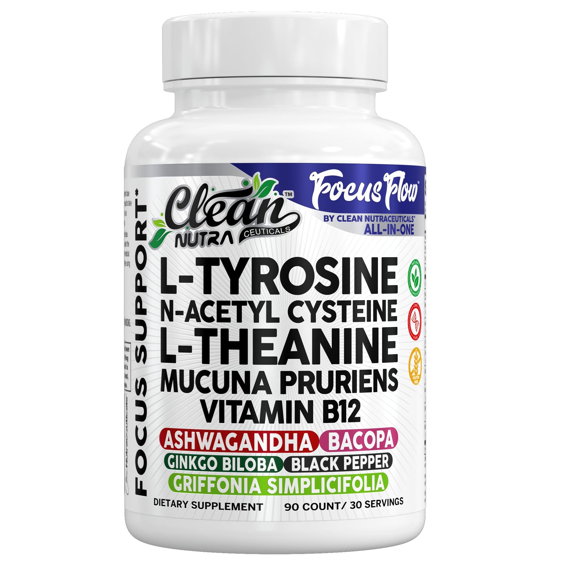 Focus Flow L-Tyrosine Vitamin B C D L-Theanine Ashwagandha Ginkgo Biloba Vitamin B12 Thiamine Black Pepper N-Acetylcysteine Mucuna Pruriens 90 Count Capsules by Clean Nutra Clean NutraceuticalsBuy Supplements Australia