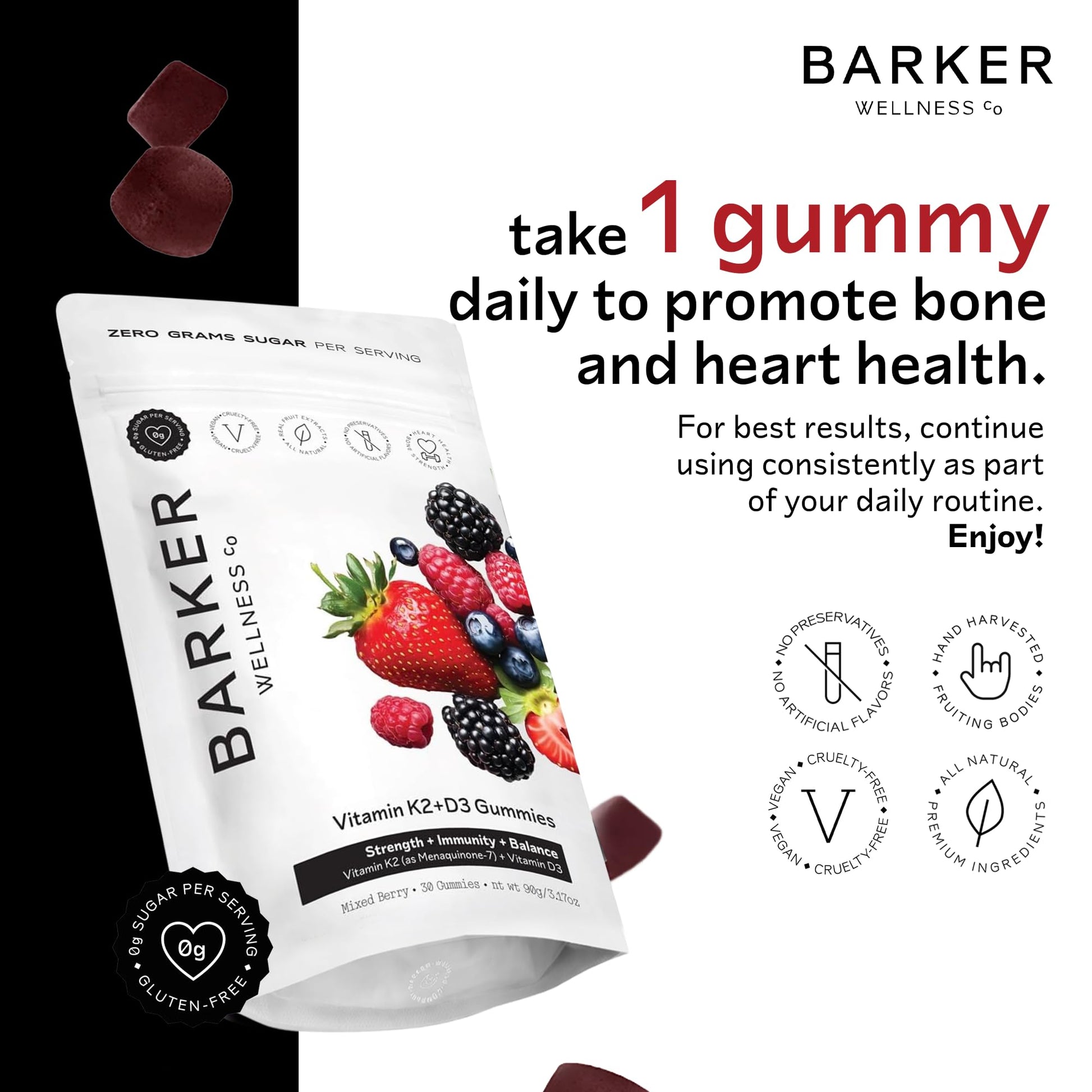 Barker Wellness D3 K2 Vitamin Gummies – Max Potency 6000IU D3 + 200mcg K2 for Strong Bones, Cardiovascular Wellness, Immune Support | Vegan, Sugar-Free, Delicious Mixed Berry | 30 Servings Barker Wellness CoBuy Supplements Australia