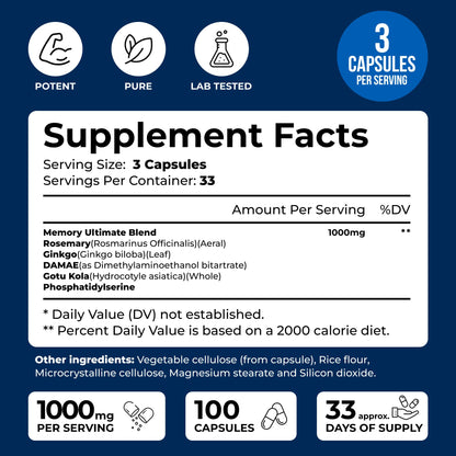 We Like Vitamins Phosphatidylserine Supplement with Gingko Biloba, Gotu Kola, DMAE - Improves Focus, Memory, Cognitive Function - Soy-Free 1000mg Memory Ultimate Complex - 100 Easy-to-Swallow Capsules We Like VitaminsBuy Supplements Australia