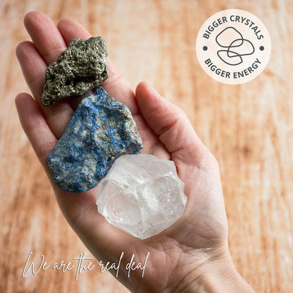 5PCS SAMSARI Abundance XL Crystals Healing Set - (Pyrite, Lapis Lazuli, Clear Quartz), 1 Palo Santo Stick SAMSARIBuy Supplements Australia