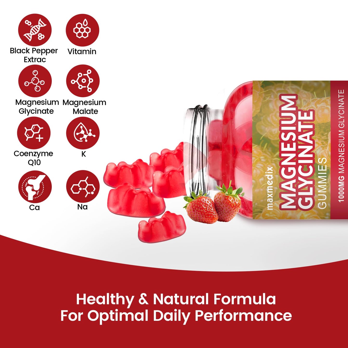 Magnesium Glycinate Gummies 1000mg, Sugar Free Magnesium Potassium Supplements Chewable for Adults with L-Threonate for Sleep, Body Support and Relaxation,90 Strawberry Gummies maxmedixBuy Supplements Australia