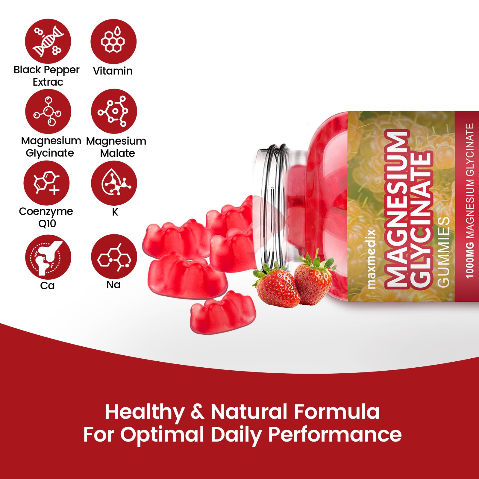 Magnesium Glycinate Gummies 1000mg, Sugar Free Magnesium Potassium Supplements Chewable for Adults with L-Threonate for Sleep, Body Support and Relaxation,90 Strawberry Gummies maxmedixBuy Supplements Australia