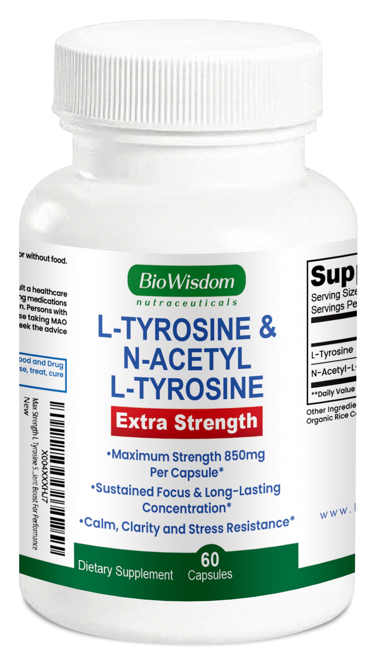 Max Strength L Tyrosine Supplement & N Acetyl L Tyrosine Peak Focus, Alertness, Concentration, Body & Mind Energy. L-Tyrosine 850mg Per 1 Capsule. A Well-Being Nutrient Boost For Performance BioWisdom NutraceuticalsBuy Supplements Australia