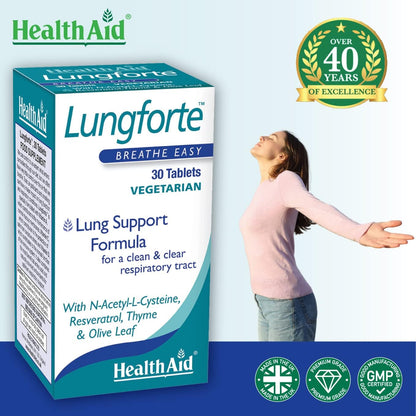 HealthAid LungForte 30 Tablets – Daily Antioxidant Lung Support with NAC, Resveratrol, Olive Leaf, Thyme & Vitamins A, C & D3 – Vegetarian, Non‑GMO HealthAidBuy Supplements Australia