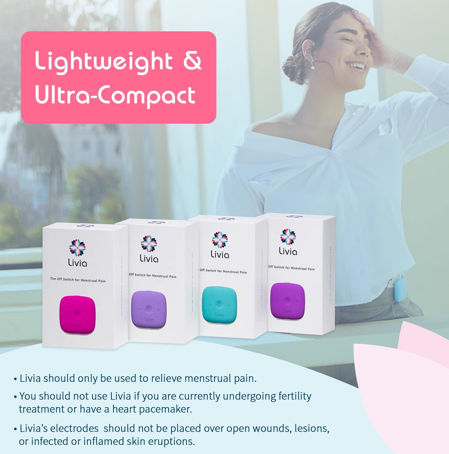 Livia Menstrual Pain Relief Device, Lavender - The Off Switch for Period Pain - Portable Unit with Stick-on Pads LiviaBuy Supplements Australia