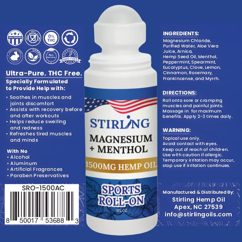 Stirling Menthol Roll On Lotion with Magnesium and 1500mg Pure Hemp - Non-GMO, THC-Free - Fast-Acting Relief for Sore Muscles and Joints, Reduces Swelling and Redness, Promotes Post-Workout Recovery STIRLINGBuy Supplements Australia