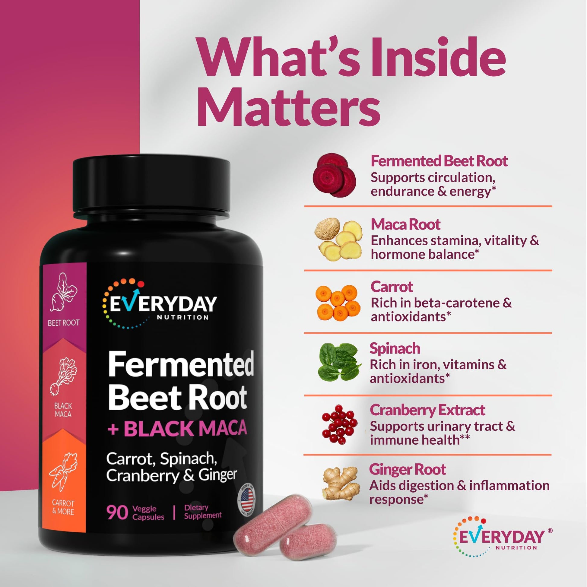 EVERYDAY NUTRITION Organic Fermented Beet Root & Black Maca Capsules with Carrot, Spinach, Cranberry & Ginger | Superfood for Energy, Stamina & Wellness | 90 Veggie Capsules | Made in USA EVERYDAY NUTRITIONBuy Supplements Australia