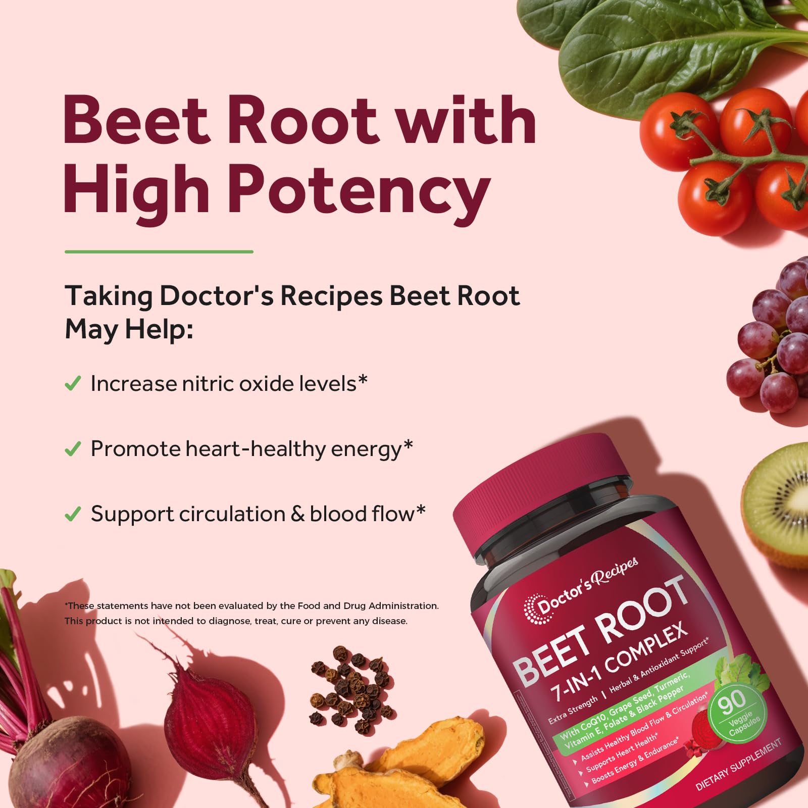 Doctor's Recipes Beet Root Capsules, 20:1 Extract with Grape Seed, CoQ10, Turmeric, Black Pepper for Enhanced Absorption, Supports Heart, Circulation, Energy & Nitric Oxide, Non-GMO, 90 Veg Caps Doctor's RecipesBuy Supplements Australia