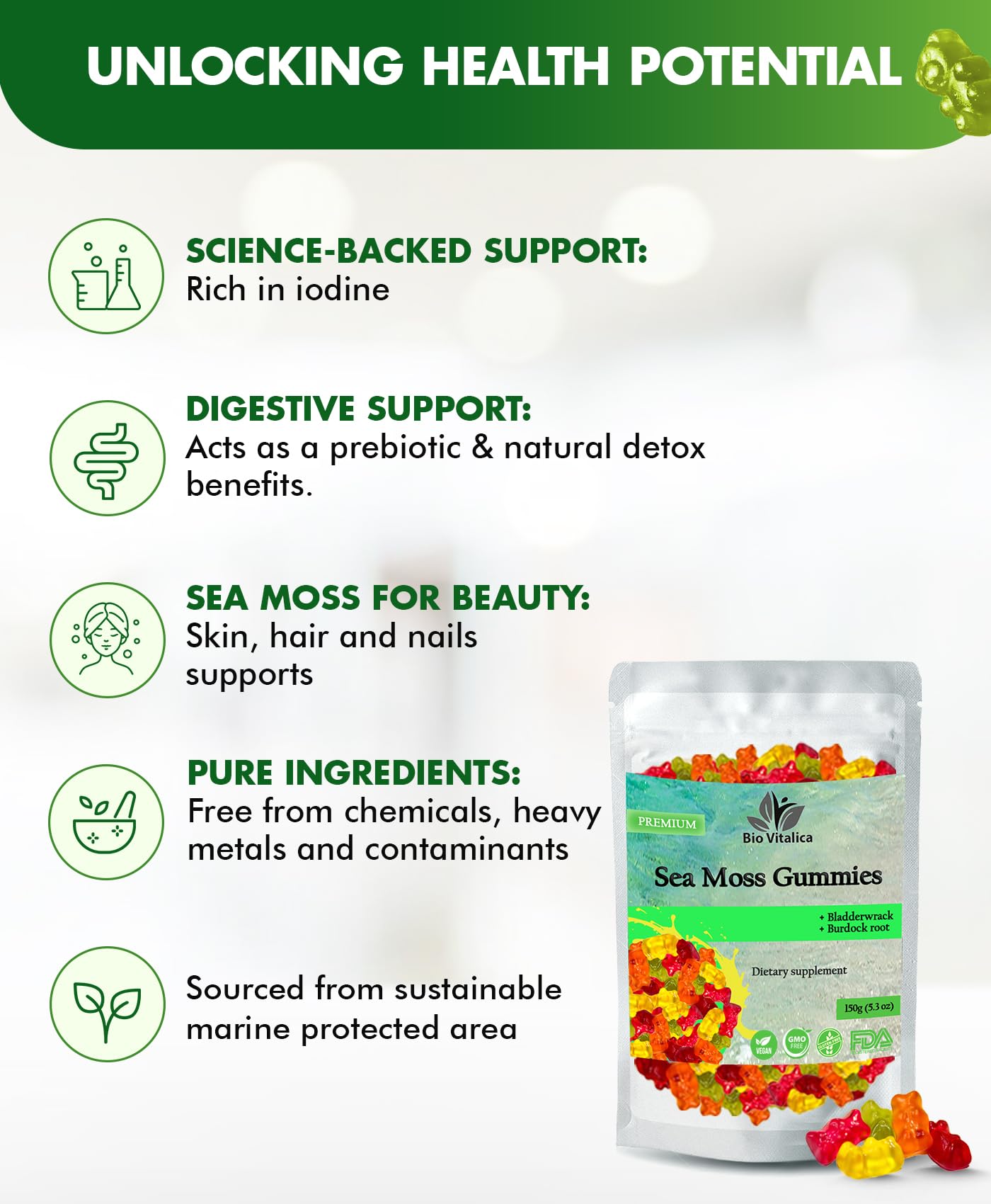 BIO VITALICA Sea Moss Gummies – with Bladderwrack & Burdock Root – Wildcrafted Gel + Powder – Vegan, Keto, Non-GMO, Gluten-Free – Fruity Mineral-Rich Gummies – 50 Count (3 Pack) BIO VITALICABuy Supplements Australia