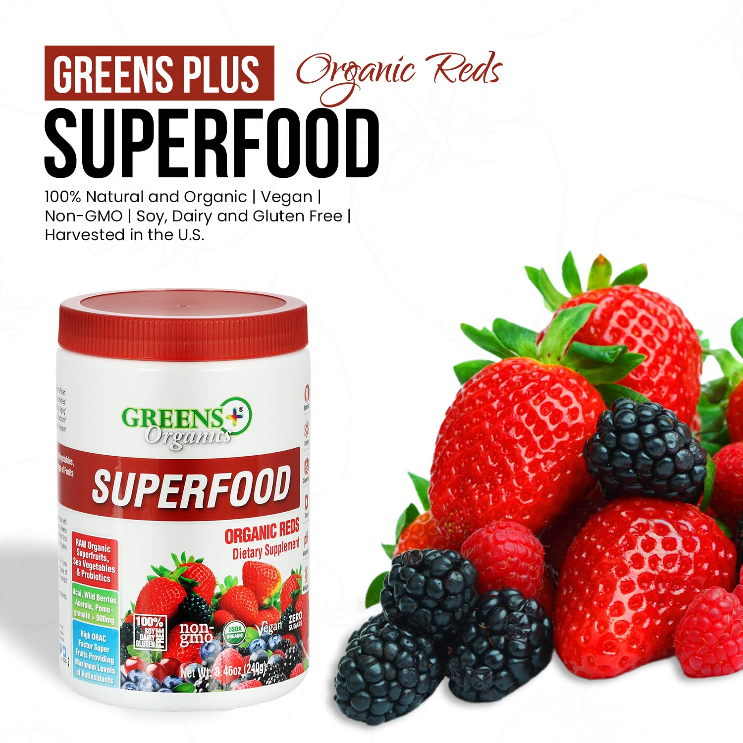 Greens+ Organic Reds Superfood Powder Camu Camu Dietary 400mg Vitamin C SuperFruit Supplement 120 Capsules, 100% Natural, Vitamins & Minerals, Vegan, Soy/Dairy/Gluten Free Greens+Buy Supplements Australia