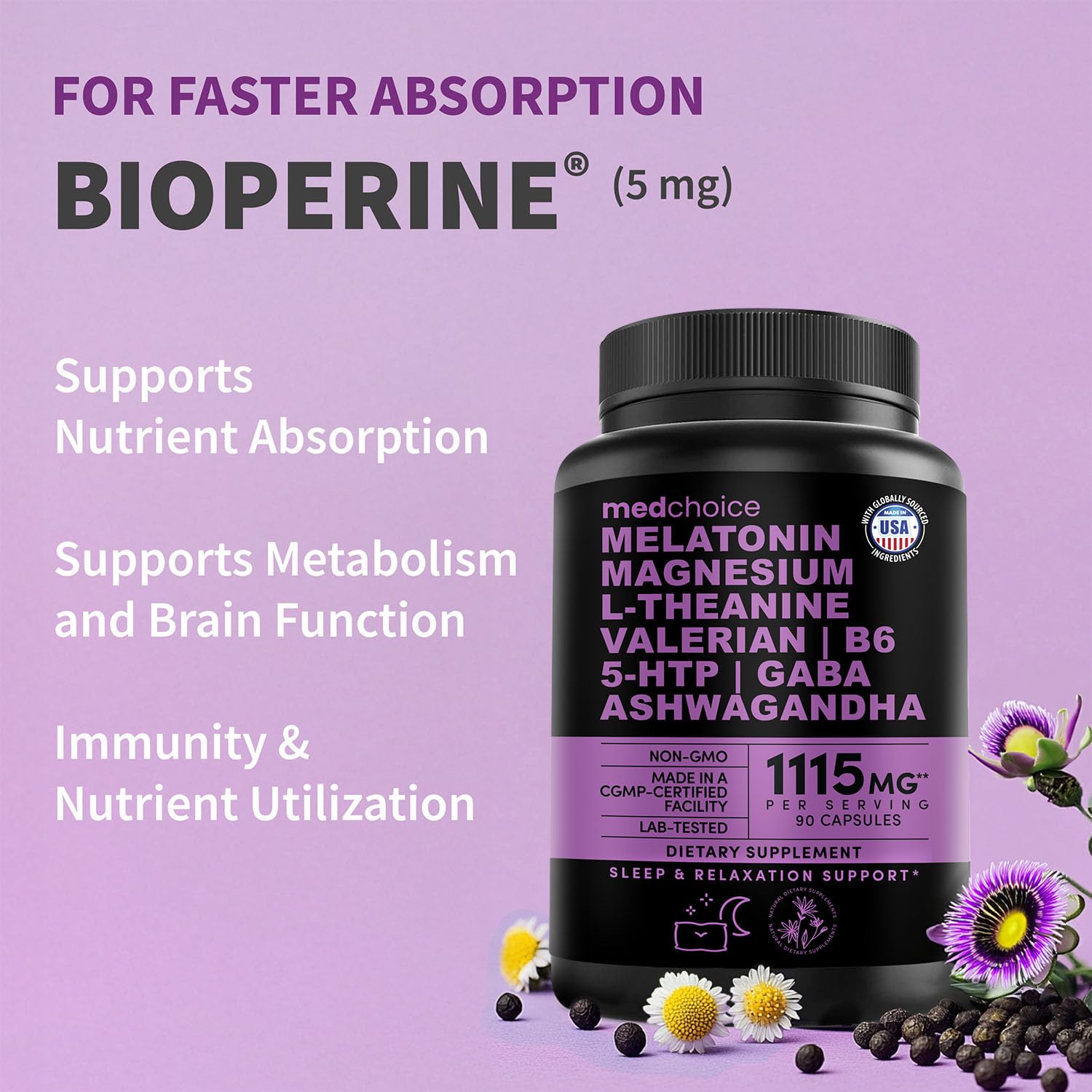 12-in-1 Melatonin Sleep Capsules - Natural Sleep Aids for Adults with Melatonin 5mg and Magnesium Glycinate 500mg, Sleep Aid with Ashwagandha, L Theanine, Valerian Root, GABA, 5-HTP (90ct, Pack of 1) MEDCHOICEBuy Supplements Australia