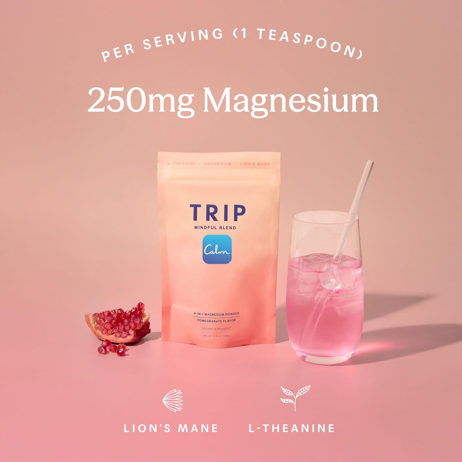 TRIP Magnesium Glycinate Powder with L-Theanine & Lion’s Mane, Sugar Free Magnesium Supplement for Adults, 250mg Magnesium per Drink Mix Serving, Pomegranate Orange Blossom, 1 Bag - 30 Servings TRIPBuy Supplements Australia