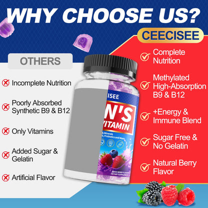 Ceecisee Men’s Methylated Multivitamin Gummies: Chewable Multivitamins Mens Gummy with Omega Probiotic Magnesium Zinc Vitamins B12 D3 - No Iron Daily Supplement Support Energy Immune for Men(120Count) CeeciseeBuy Supplements Australia